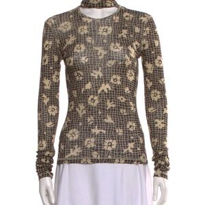 Nanushka Long-Sleeve Floral Mesh Top in Beige and Brown
